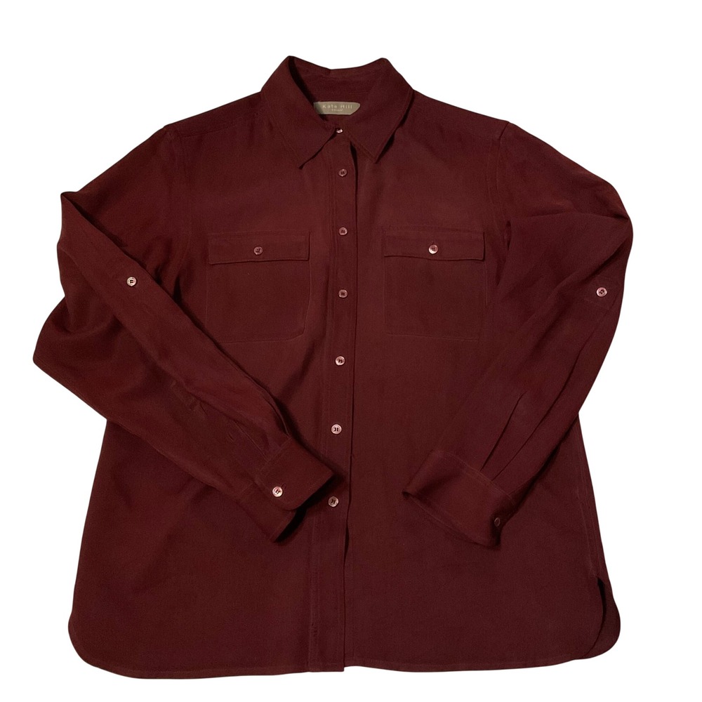 Kate Hill Women's SILK Cranberry Red button oxford preppy luxury Fall Career 6